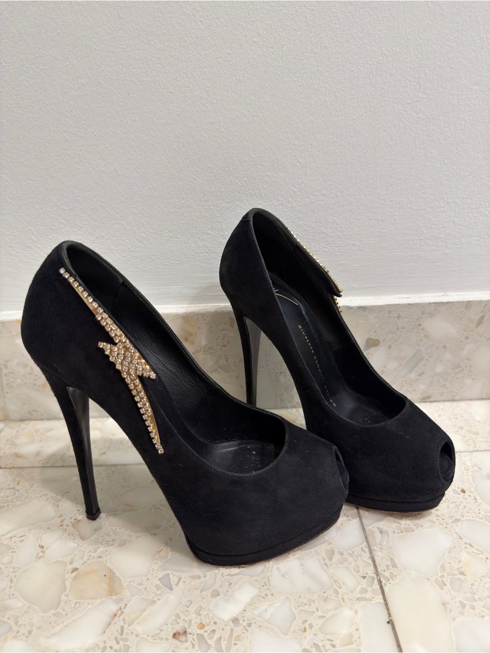 Givenchy Black Suede Peep-Toe Platform Pumps with Gold Rhinestone Detail